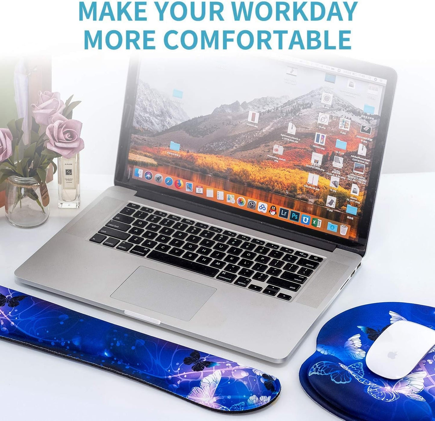 Keyboard Wrist Rest and Mouse Pad with Wrist Support, Memory Foam Set for Gaming and Office, Comfortable & Lightweight for Easy Typing & Pain Relief (White Butterflies)