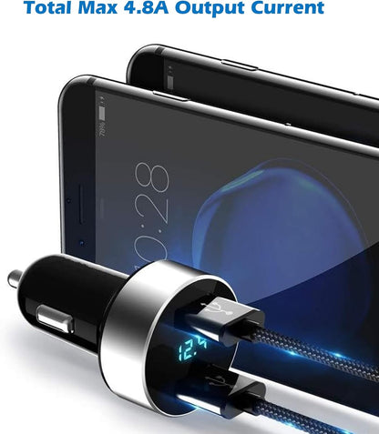 Dual USB Car Charger,4.8A Output,Cigarette Lighter Voltage Meter Compatible with Apple Iphone,Ipad,Samsung Galaxy,Lg,Google Nexus,Usb Charging Devices,Silver