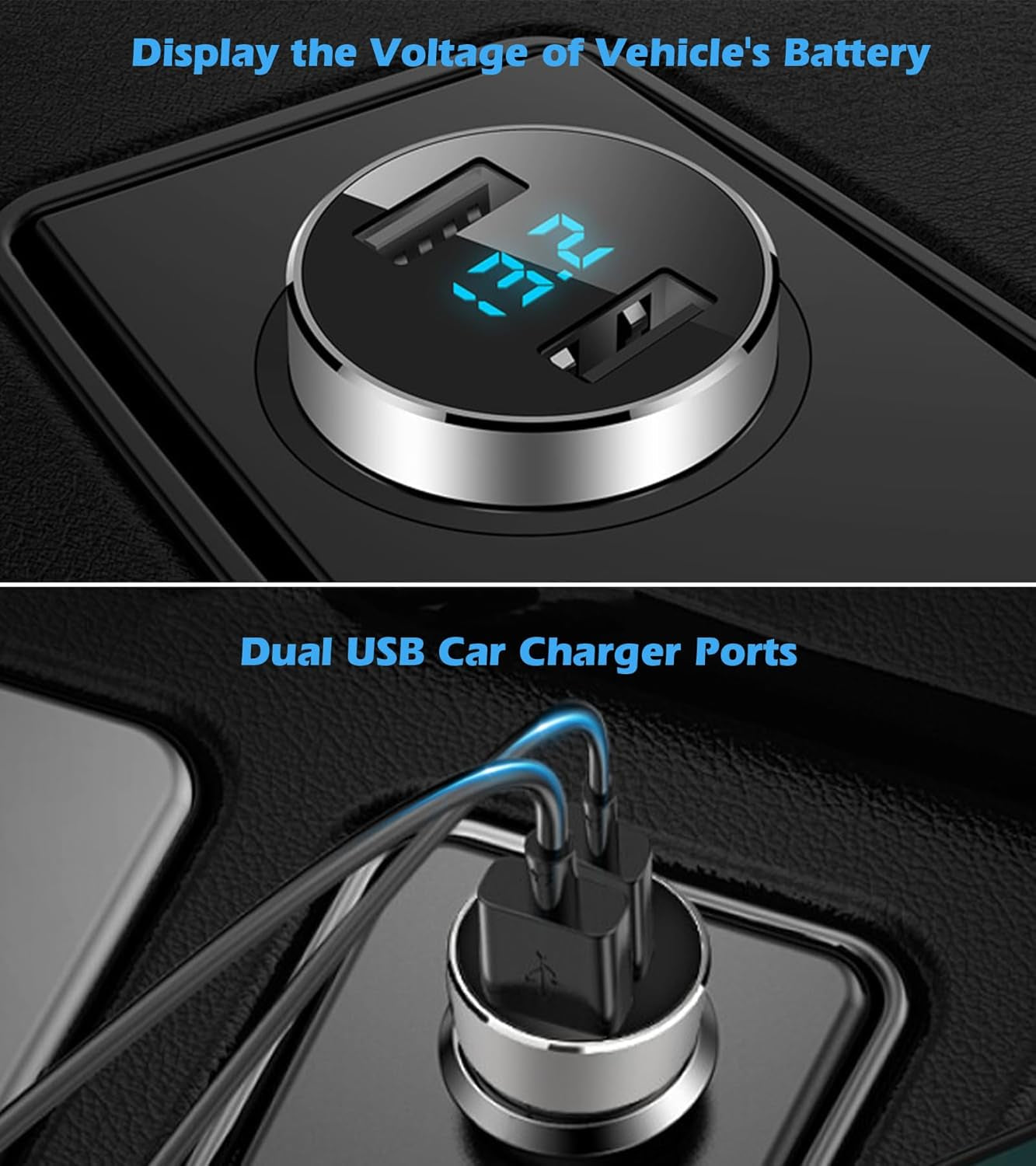 Dual USB Car Charger,4.8A Output,Cigarette Lighter Voltage Meter Compatible with Apple Iphone,Ipad,Samsung Galaxy,Lg,Google Nexus,Usb Charging Devices,Silver
